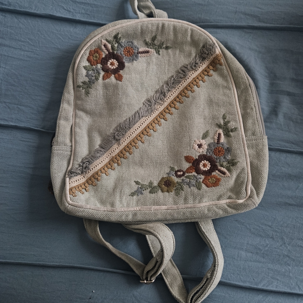 Free People Embroidered Backpack in Green and Brown